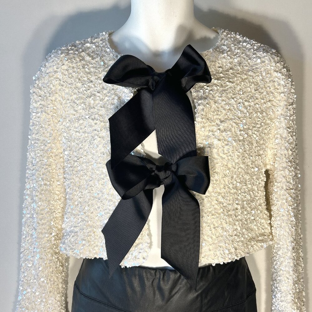White Sequin Bolero SZ M Black Bows Cropped Formal Chic Nightlife Prom Wedding